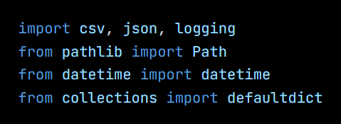 Python code from the lesson, beginning import csv, json, logging