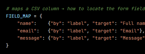 Python code from the lesson, beginning # maps a CSV column → how to locate the form field