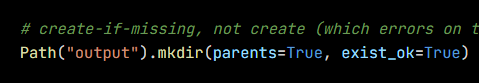 Python code from the lesson, beginning # create-if-missing, not create (which errors on the 2nd run