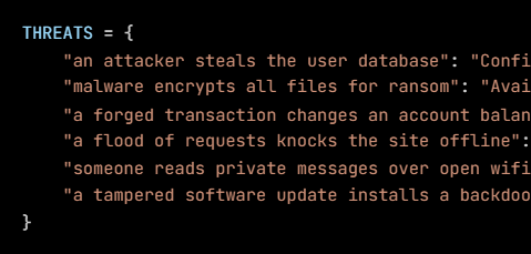 Python code from the lesson, beginning THREATS = {