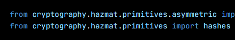Python code from the lesson, beginning from cryptography.hazmat.primitives.asymmetric import rsa, p