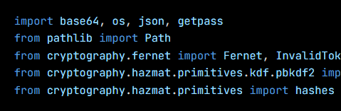 Python code from the lesson, beginning import base64, os, json, getpass