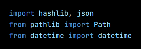 Python code from the lesson, beginning import hashlib, json
