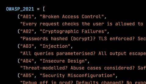 Python code from the lesson, beginning OWASP_2021 = [