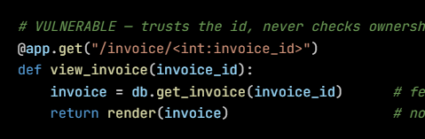 Python code from the lesson, beginning # VULNERABLE — trusts the id, never checks ownership (IDOR)