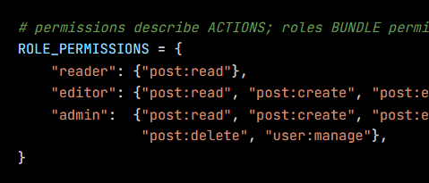 Python code from the lesson, beginning # permissions describe ACTIONS; roles BUNDLE permissions