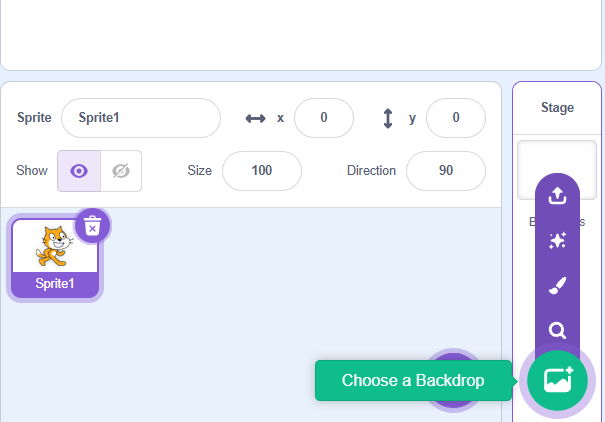 The Choose a Backdrop button at the bottom right of the Stage column, with its four options open
