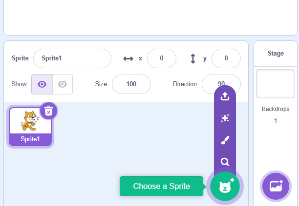 The Choose a Sprite button at the bottom right of the Sprite panel, with its four options open