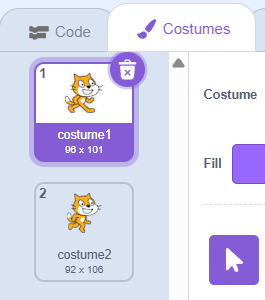 The Costumes tab with two costumes listed down the left