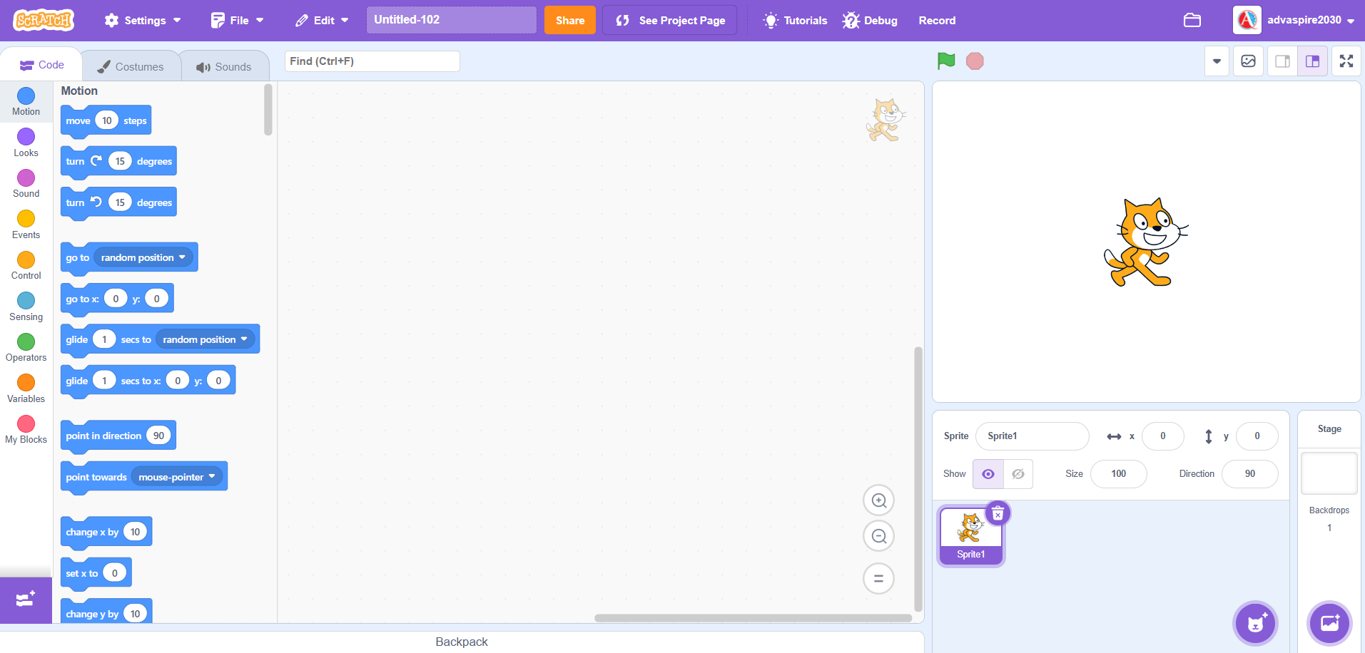 The Scratch editor, with the Blocks Panel on the left, the Script Area in the middle, and the Stage and Sprite panel on the right