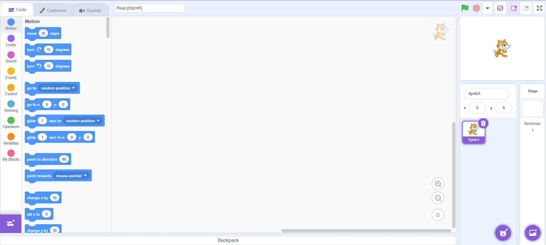 The Scratch editor with the small stage selected: a wide Script Area and a narrow Stage