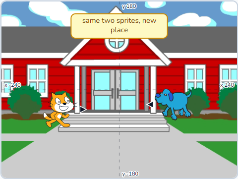The Scratch Stage of Animation & Scene Transition, scene 2 — the school — what this lesson builds.