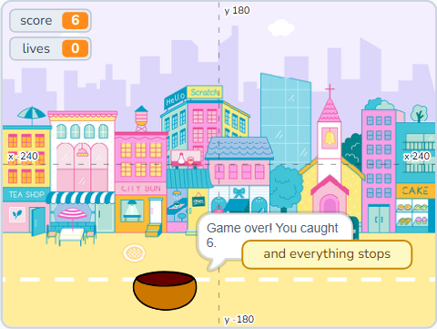 The Scratch Stage of Muffin Catcher II, three misses later — what this lesson builds.