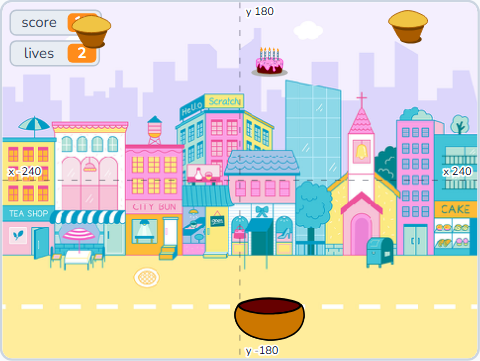 The Scratch Stage of Muffin Catcher IV, playing · and getting quicker — what this lesson builds.