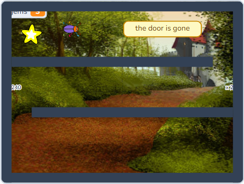 The Scratch Stage of Maze Escape II, key taken · door open · way out clear — what this lesson builds.
