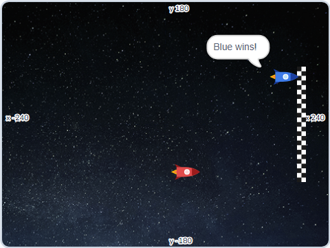 The Scratch Stage of Space Race I, somebody wins — what this lesson builds.
