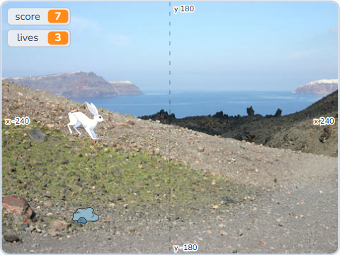 The Scratch Stage of Jump Dash II, seven cleared, three lives — what this lesson builds.