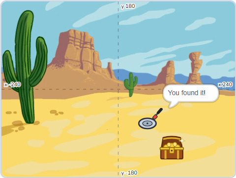 The Scratch Stage of Treasure Hunt I, Hot! — dig — what this lesson builds.
