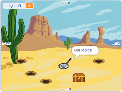 The Scratch Stage of Treasure Hunt II, out of digs — what this lesson builds.