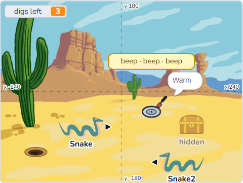 The Scratch Stage of Treasure Hunt III, the desert gets busy — what this lesson builds.