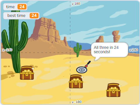The Scratch Stage of Treasure Hunt IV, three chests · a new best — what this lesson builds.