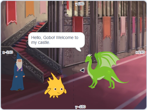 The Scratch Stage of Choose Your Path I, scene 3 · the castle hall — what this lesson builds.