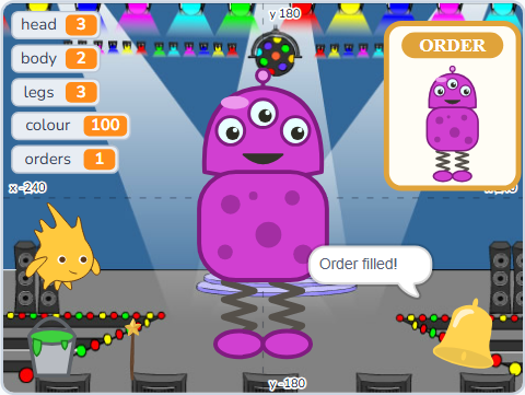 The Scratch Stage of Monster Maker IV, built it · rang the bell — what this lesson builds.