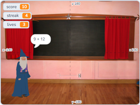 The Scratch Stage of Times-Table Challenge III, four right in a row — what this lesson builds.