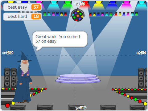 The Scratch Stage of Times-Table Challenge IV, the results card — what this lesson builds.