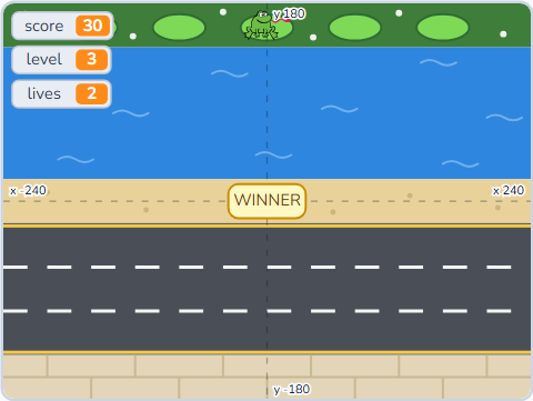 The Scratch Stage of Road Crossing IV, home on level 3 — what this lesson builds.
