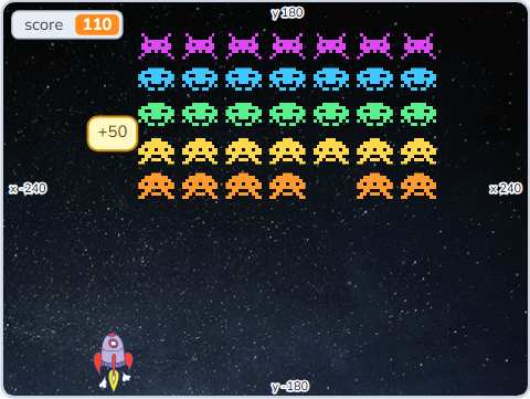 The Scratch Stage of Space Invaders II, the back row: 50 points — what this lesson builds.