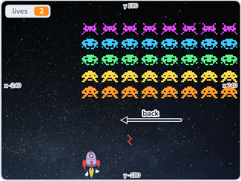 The Scratch Stage of Space Invaders III, one reaches the edge: all turn and drop — what this lesson builds.