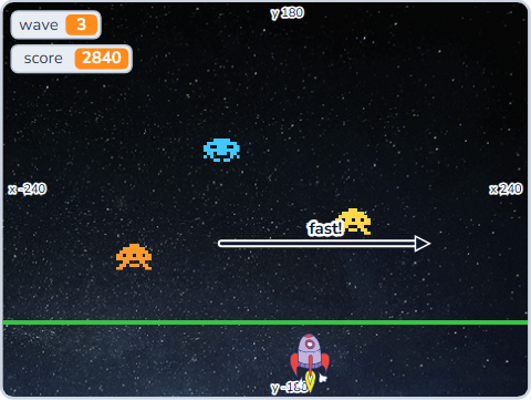 The Scratch Stage of Space Invaders IV, wave 3, three left — and racing — what this lesson builds.
