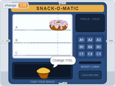 The Scratch Stage of Vending Machine I, snack and change out — what this lesson builds.