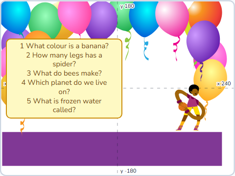 The Scratch Stage of Quiz Master I, the questions, in one box — what this lesson builds.
