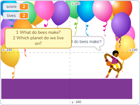 The Scratch Stage of Quiz Master IV, playing — what this lesson builds.