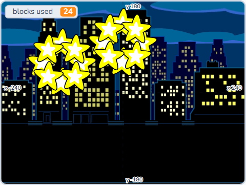 The Scratch Stage of Firework Show I, twenty-four blocks — what this lesson builds.