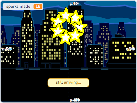 The Scratch Stage of Firework Show III, refresh ON, part way through — what this lesson builds.