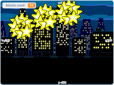 The Scratch Stage of Firework Show IV, thirty-two blocks — what this lesson builds.