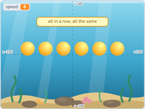 The Scratch Stage of Bubble Popper II, one shared speed — what this lesson builds.