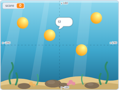 The Scratch Stage of Bubble Popper III, a small one is worth 6 — what this lesson builds.