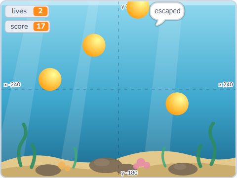 The Scratch Stage of Bubble Popper IV, one gets away — what this lesson builds.