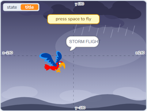 The Scratch Stage of Storm Flight I, state = title — what this lesson builds.