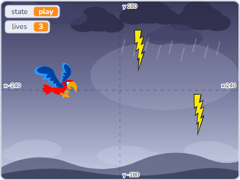 The Scratch Stage of Storm Flight II, flying, three lives — what this lesson builds.