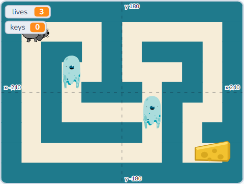 The Scratch Stage of Cheese Maze IV, the guards on patrol — what this lesson builds.
