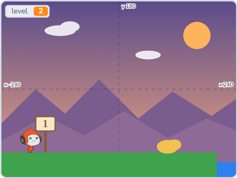 The Scratch Stage of Scroll World III, level 2 — what this lesson builds.