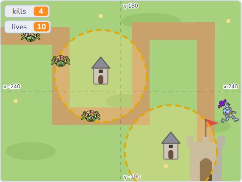 The Scratch Stage of Tower Defence II, two towers, a wave — what this lesson builds.