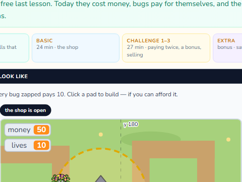 The Scratch Stage of Tower Defence III, the shop is open — what this lesson builds.