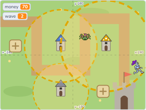 The Scratch Stage of Tower Defence IV, levels 1, 2 and 3 — what this lesson builds.