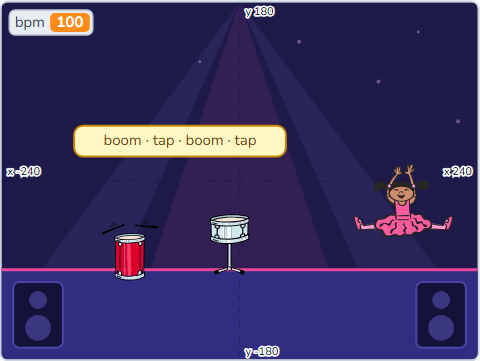 The Scratch Stage of Music Maker I, boom, tap, boom, tap — what this lesson builds.